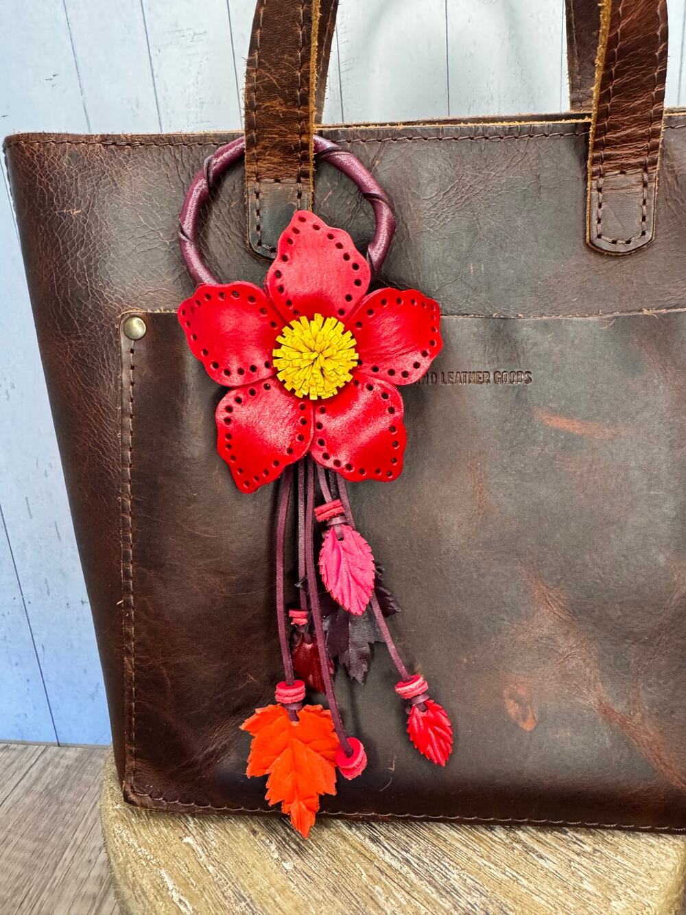 Red Leather Purse Charm Genuine Leather Red Daisy Flower Bag Charm Red Flowers